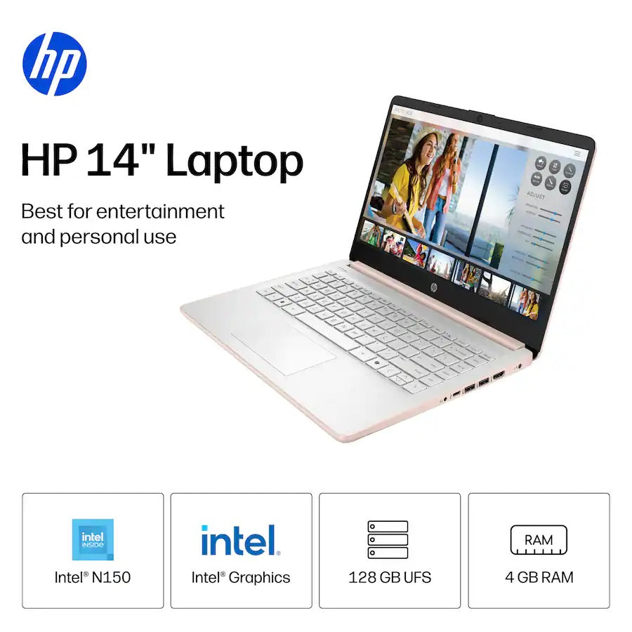 HP 14-dq6105dx 14" HD Laptop N150, 4GB RAM, 128GB UFS, Windows 11 H in S Mode, Pale Rose Gold