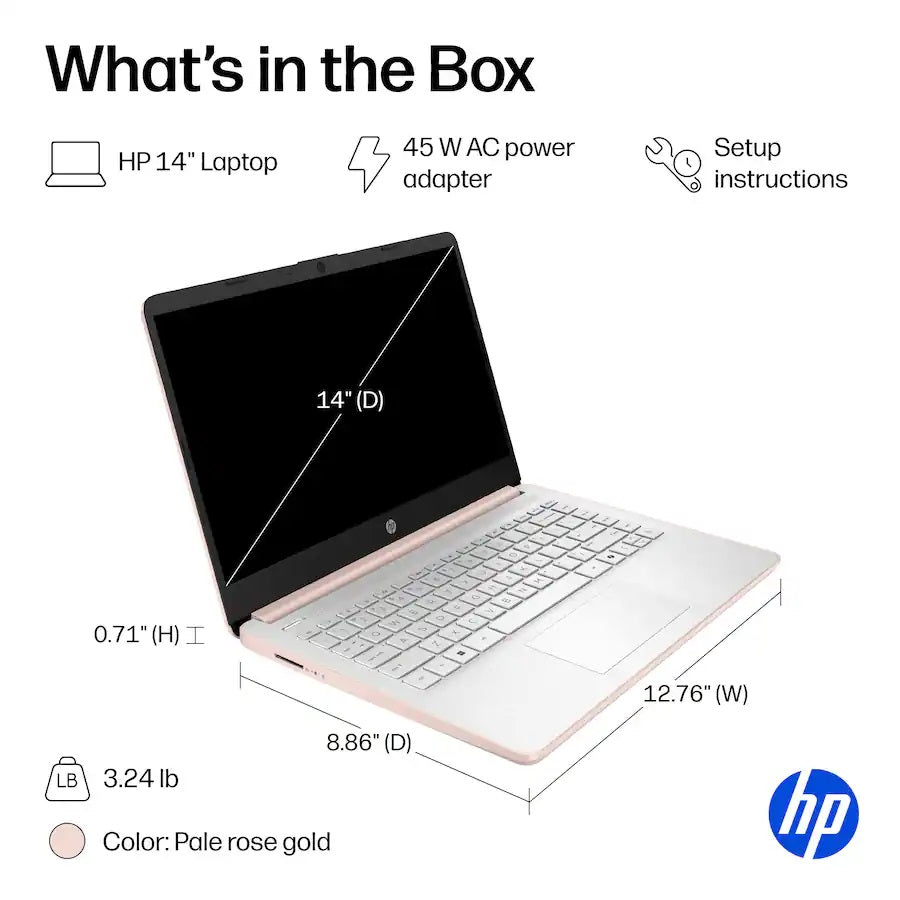 HP 14-dq6105dx 14" HD Laptop N150, 4GB RAM, 128GB UFS, Windows 11 H in S Mode, Pale Rose Gold