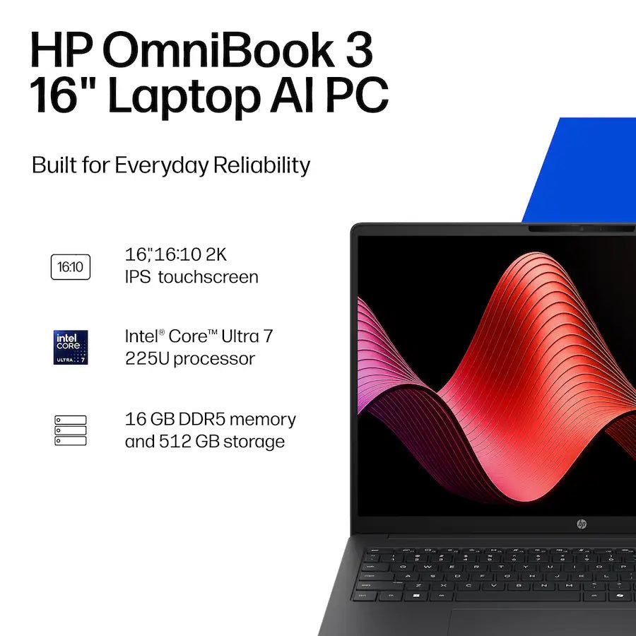 HP OmniBook 3 16" 2K Touchscreen Laptop Intel Core Ultra 7 255U 512GB SSD 16GB RAM W11, Mica Silver