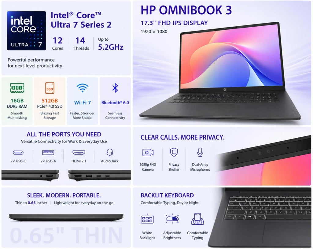 HP OmniBook 3 17.3" FHD Laptop Intel Core Ultra 7 255U 512GB SSD 16GB WIN11 Mica Silver (2025)