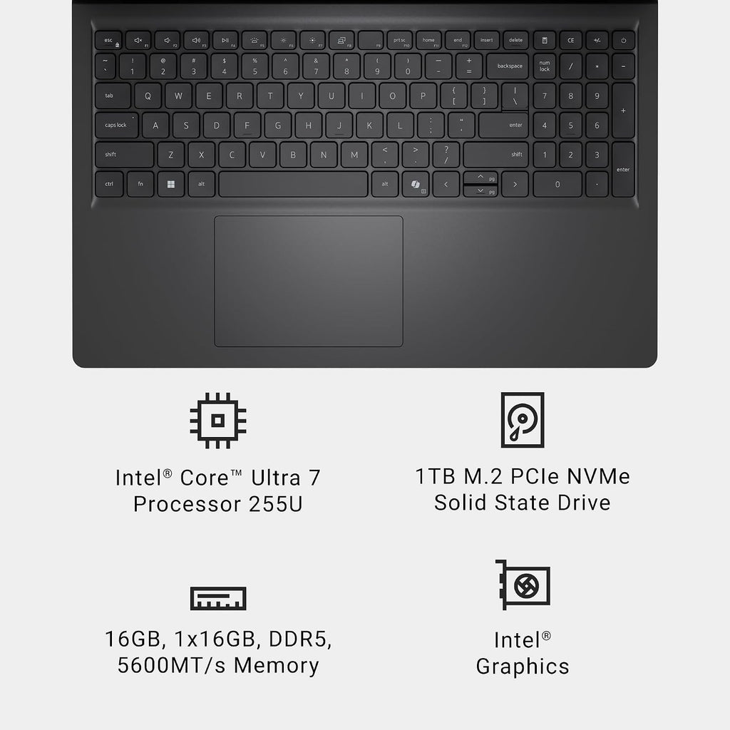 Dell 15 D15260 15.6" FHD Touchscreen Notebook PC Intel Core Ultra 7 255U 1TB SSD 16GB RAM W11, Carbon Black