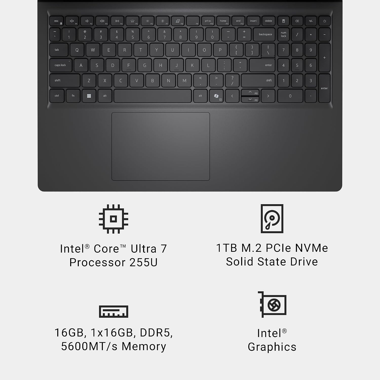 Dell 15 D15260 15.6" FHD Touchscreen Notebook PC Intel Core Ultra 7 255U 1TB SSD 16GB RAM W11, Carbon Black